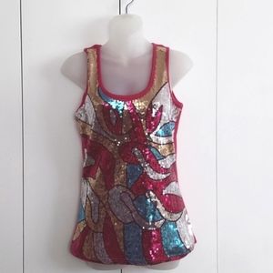 Esti Couture Pink Sequined Abstract Geometric Pattern Tank Top Size Large